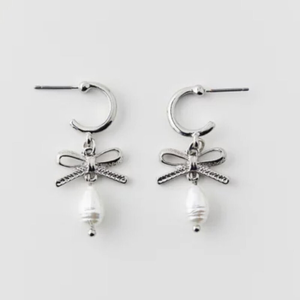NWT Urban Outfitters Bow Pearl Charm Silver Hoop Earrings